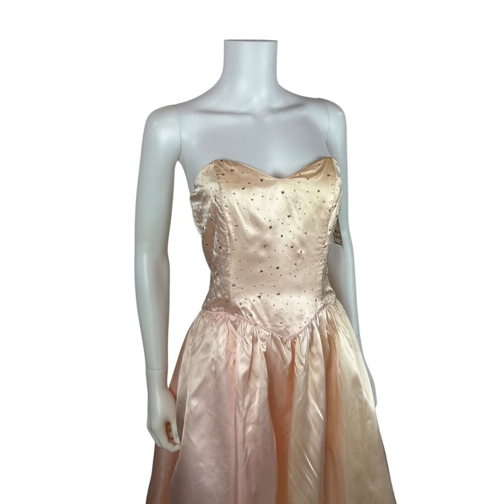Vintage 80s Prom Dress Womens XS Strapless Peach Satin Glitter Evening Gown Swee - Picture 6 of 16